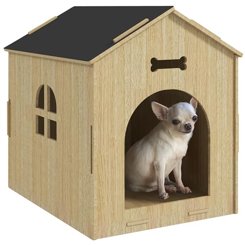 PawHut Casetta per cani da interno, casetta in legno per cani da interno, con motivo a ossa cave, finestra, facile da montare, per cani in miniatura, gatti, 44 x 57 x 58 cm, rovere