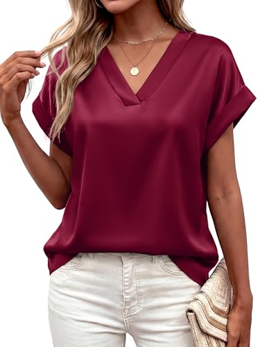MASCOMODA Womens V Neck Silk Satin Tops Dressy Short Sleeve Work Blouses Spring Summer Loose T...