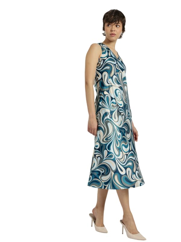 Image of FableStreet Women Party Dress | Elegant A-Line Fit Midi Length V-Neck Sleeveless | Lustrous Satin Fabric for Evening Gatherings & Celebrations