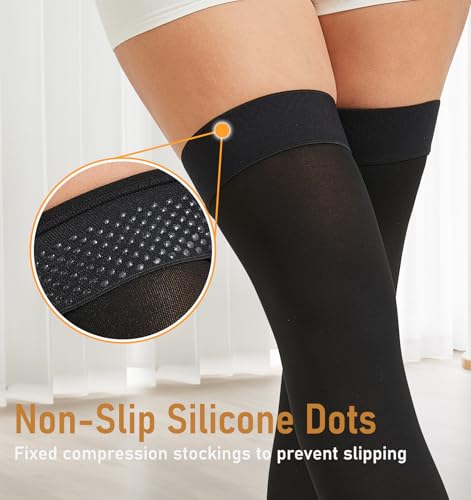 Image of NURCOM 20-30 mmHg Compression Stockings for Women & Men, Thigh High Footless Medical Compression Sleeves with Dot Silicone Band, Graduated Support Hose for Varicose Veins, Edema, DVT, Post Surgery