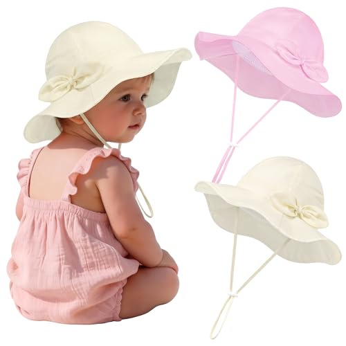 Image of Cooraby 2 Pack Baby Girl Sun Hat with UPF 50+ Outdoor Adjustable Beach Hat with Wide Brim Bucket Hats for Toddlers