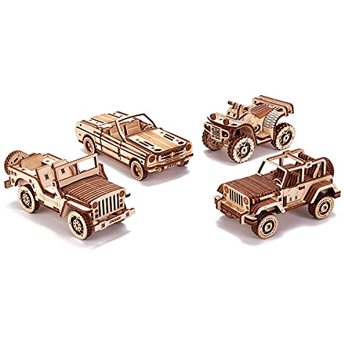 Wood Trick 4-Pack Mechanical Model Cars Kits to Build - SUV, ATV, Cabriolet, Safari - Moving Parts - 3D Wooden Puzzle for Adults and Kids to Build