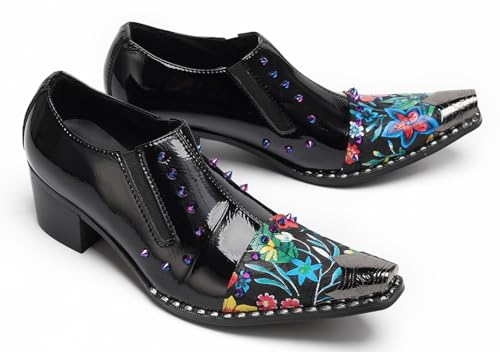 Santimon Men’s Patent Leather Floral‐Studded Dress Loafers – Pointed Toe Slip-On Cuban Heel Shoes for Wedding, Prom, Party, Stage & Gothic Punk Style4