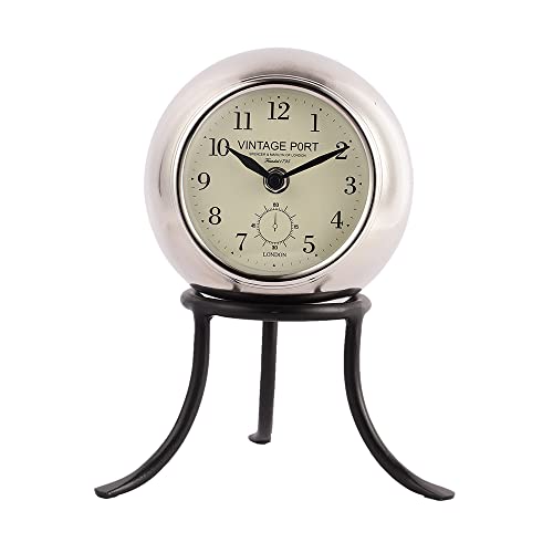 Image of Decor de Maison Handcrafted Seated Sphere Analog Table Clock for Living Room, Bedroom, Study Table | Classic Non-Ticking Tabletop Battery Operated Desk Clock in Silver & Black (18x18x23cm)