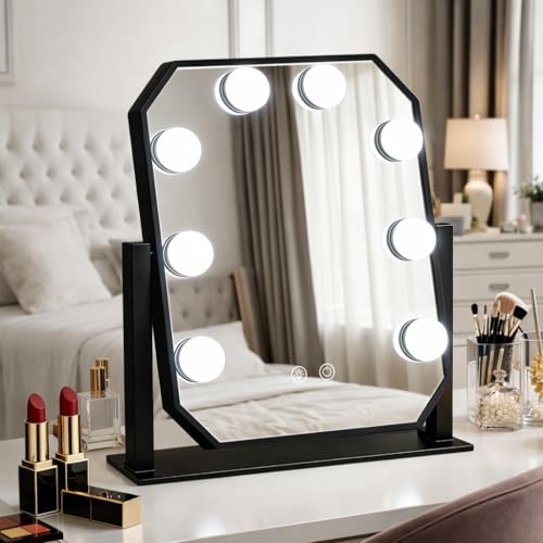 Vanity Mirror with Lights - 11.8"x9.8" Hollywood Makeup Mirror with Dimmable LED Bulbs, 3 Color Modes, Smart Touch Control, Desktop Mirror for Bedroom Dressing Table, Gift for Women Girls (Black)