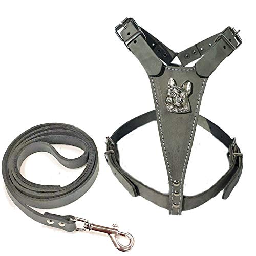 M&DBeautiful Grey Leather Dog Harness and Leash with French Bulldog Head Motif and Matching Leather Lead