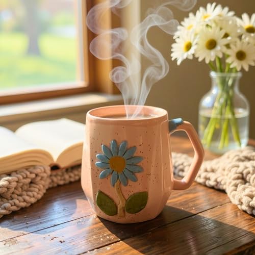 Image of Handmade Ceramic Mug 3D Daisy Flower Design Coffee Tea Cup 240 ml Gift for Coffee Lovers Kitchen Decor (Pink /Light Blue /Yellow /Grey) (Pink)