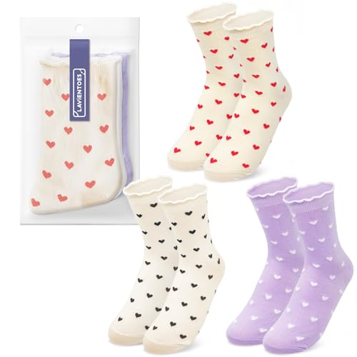 Women’s Cute Heart Pattern Crew Socks – 3 Pairs Colorful Novelty Gift Set – Soft Cotton Cozy Socks for Casual Wear