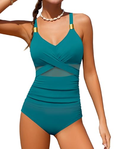 Image of Girls Swimsuit Criss Cross One Piece Swimsuits Wrap Tie Back Sheer Mesh Bathing Suit with Gold Metal Swimwear 9-16Y