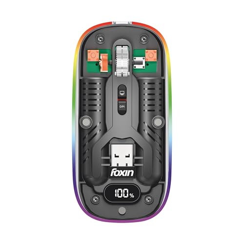Image of Foxin NeonView Transparent Wireless Bluetooth Mouse with Desktop Button, Dual Mode (Bluetooth + 2.4GHz), USB-C Rechargeable, Up to 20 Days Battery, 3200 DPI, RGB Light, Silent Click, Adjustable DPI