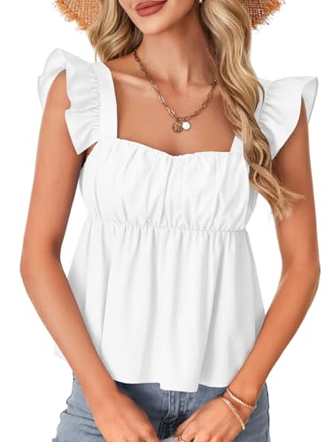 Rooscier Women's Square Neck Ruffle Cap Sleeve Ruched Peplum Babydoll Blouse Tank Tops3