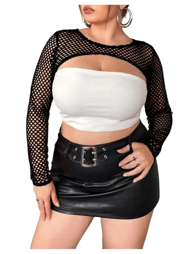 WDIRARA Women's Plus Size Fishnet Sheer Mesh Round Neck Long Sleeve Super Crop Top3