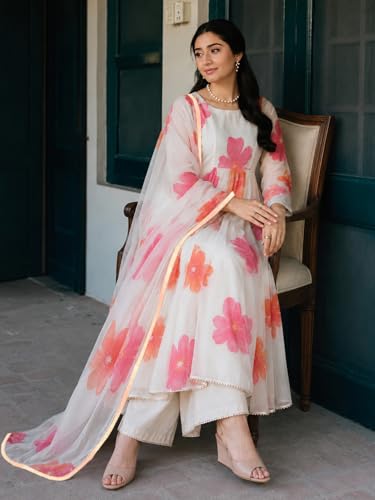 Image of ANNI Designer Kurta Sets for Women Chanderi Cotton Printed | Kurti Set for Woman | Anarkali Kurta Pant Dupatta Set | 3 Piece Set Women | Round Neck 3 /4 Sleeve Suit Set Stylish Ethnic Outfit Clothing