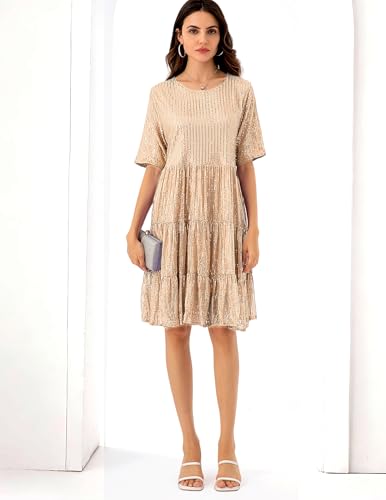 Image of Sequin Babydoll Summer Dress，Sparkly Glitter Dress Short Flowy Tiered Tunic Dress for Women Party Club Night