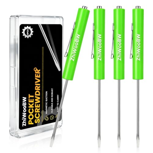Pocket Screwdriver, Mini Magnetic Slotted Flathead Screwdrivers with Belt Clip, Portable Hand Tool for Electricians, Mechanics, Automotive Technicians, Household DIY Maintenance (4, green)