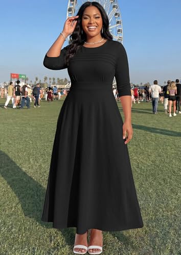 Image of FANDEE Fit-and-Flare Maxi Dress Round Neck Pleated Front Side Pockets | Front pleats soft flatter your bust shape; Empire Waist lengthen your figure; 3 /4 sleeves round neck suit for many occasions