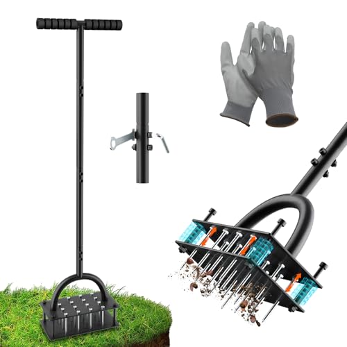Lawn Aerator Tool (Pre-Assembled), 16 Iron Spikes with Spring-Loaded Auto Cleaning,...