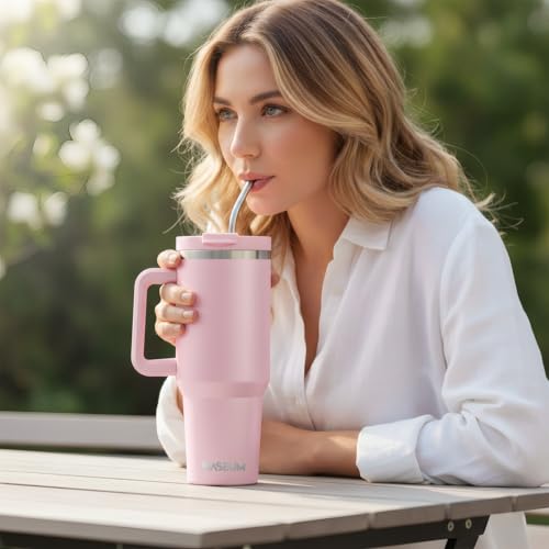 Image of SASEUM 40 oz Tumbler with Handle & Lid, Vacuum Insulated Travel Mug (Pink, 40 Ounces)