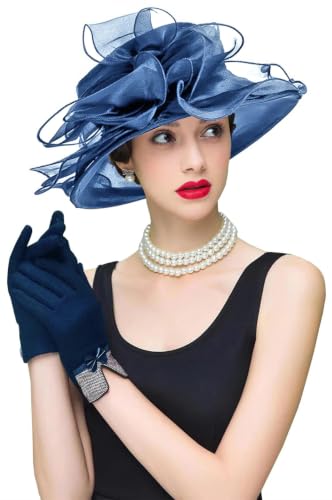 RZTA Womens Kentucky Derby Church Dress Hat Wide Brim Leaf Flower Bridal Shower Hat S10 Navy