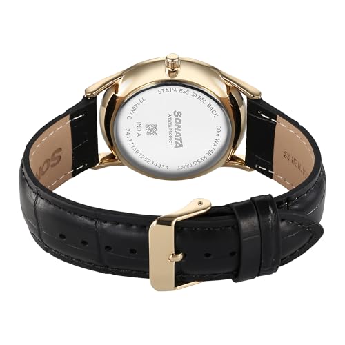 Image of Sonata Quartz Analog Gold Dial Leather Strap Watch for Men