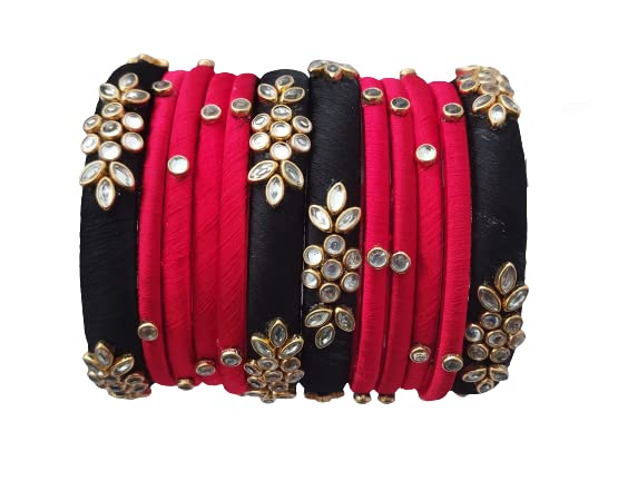 Sihan Handicrafts Kundan Work Silk Thread Bangle Kada For Women Girls 12 PC Set Wedding & Festive Occasion Handmade Multicolored Chura Chuda Stone Studded