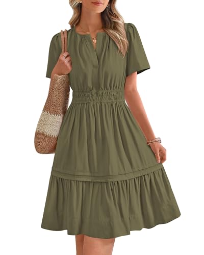 BTFBM Women's Casual Dresses 2025 Summer Spring V Neck Short Sleeve Sundress Smocked Waist A Line Tiered Mini Dress