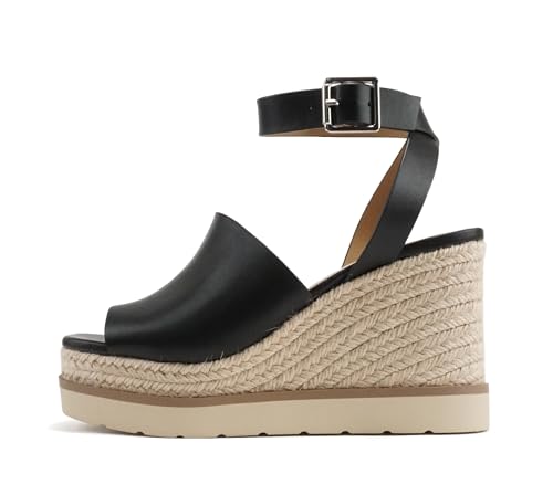 Soda “Stella” ~ Women Square Peep Toe Single Band Platform Espadrille Wedge Sandals with Adjustable Ankle Strap
