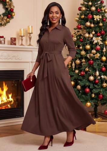 Image of Runwind Women Church Maxi Dresses 3 /4 Sleeve Button Down Print Casual Office Dress African