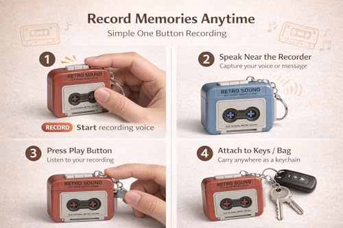 Image of TrollGadgets Retro Sound Voice Recorder Keychain - Mini Cassette Style Voice Message Recorder with Playback, Portable Keychain Audio Recorder Gadget, Fun Retro Recording Device, Pack of 1