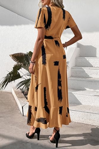 Image of PRETTYGARDEN Women's Summer Wrap Maxi Dress Casual Boho Floral V Neck Short Sleeve Ruffle Hem Split Beach Long Dresses