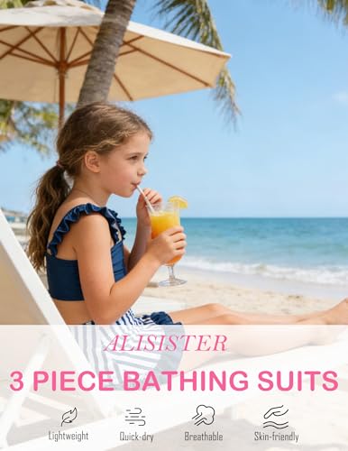 Image of ALISISTER Girls Swimsuit 3 Piece Bathing Suits Summer Bikini Tankini Sets with Cover Up Skirt for 4-12 Years