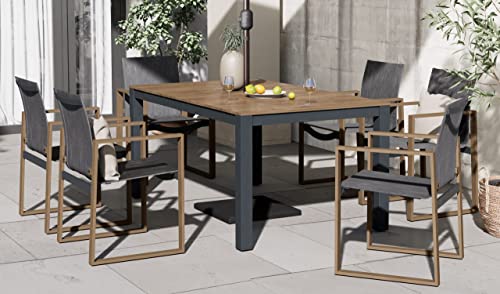 Grand Patio 7 Pieces Patio Dining Sets, Faux Wood Grain Aluminum Outdoor Furniture Sets With 6 Stackable Chairs And 1 Rectangular Table With Umbrella Hole For Backyard Garden Patio #TOP19