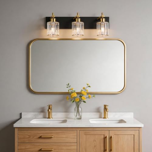 Image of Black and Gold Crystal Bathroom Vanity Lights, 3-Lights Bathroom Light Fixture Over Mirror, 20 Inch Modern Farmhouse Vanity Light, Brass Gold Bath Wall Sconce for Bath Mirror Kitchen Hallway Cabinet