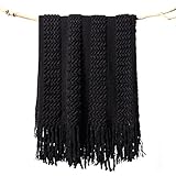 lifein Knitted Black Throw Blanket for Couch - Soft Fall Farmhouse Boho Throws, Cozy Knit Small Ligh