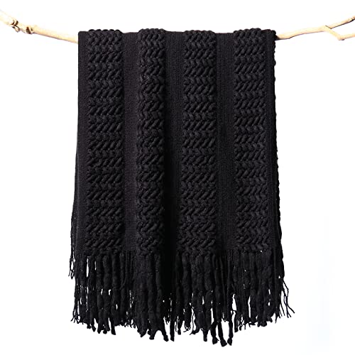 Lifein Knitted Black Throw Blanket For Couch - Soft Fall Farmhouse Boho Throws, Cozy Knit Small Lightweight Blankets & Throws With Tassels For Home Decor,Bed,Chair,Sofa (Black, 50 * 60'') #TOP22