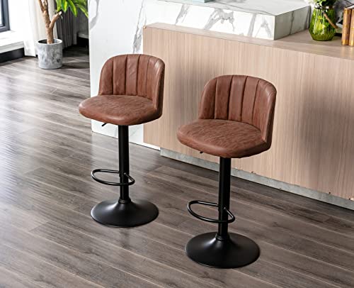 Kmax Pu Leather Barstools Swivel Height Adjustable Counter Stools Channel-Tufted With Black Metal Base Footrest, Brown-Set Of 2 #TOP3
