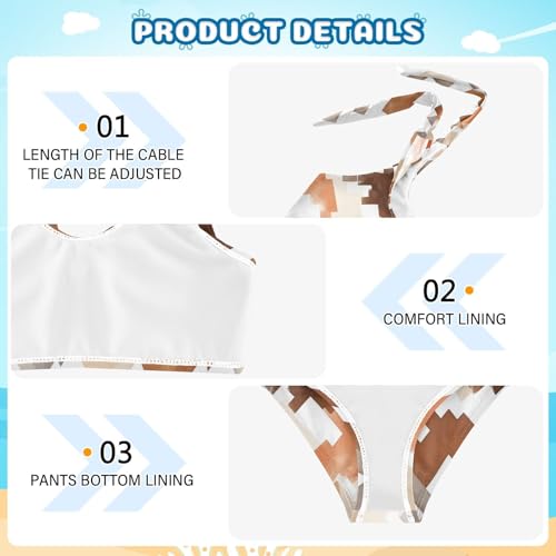 Brown Houndstooth Girls Two Piece Kids Bikini Set Quick-Dry Bathing Suit Swimming Suits Adjustable Shoulder Strap4