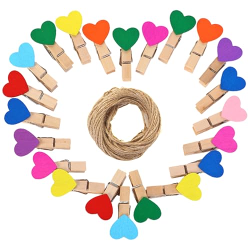 THQAE 50 Pezzi Mollette in Legno, 3,7cm Portafoto con Clip a Forma di Cuore, Mollette con Corde Canapa 10m e 10 Chiodi Antitraccia, Ideali per Feste di Matrimonio e Decorazioni