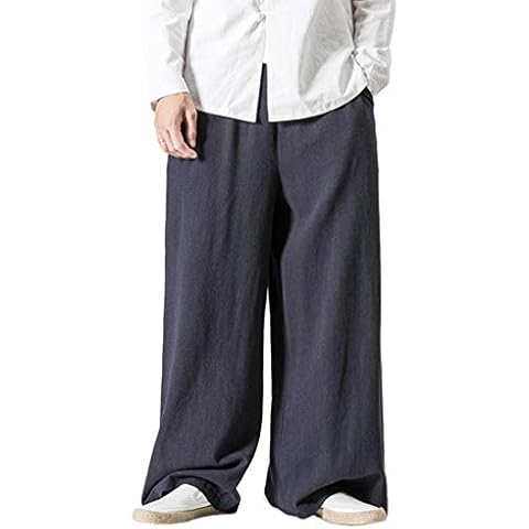 FAXIKIO Men's Casual Elastic Waist Cotton Blends Linen Baggy Wide Leg Harem Pants Navy Cover