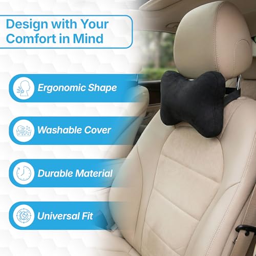 Image of KINGSWAY Car Accessories Bow Shape Neck Rest Seat Cushion, Universal Use Car Neck Pillow, Memory Foam Pillow in Black, Super Soft and Super Travel Comfort Design Headrest Cushions, Pack of 2