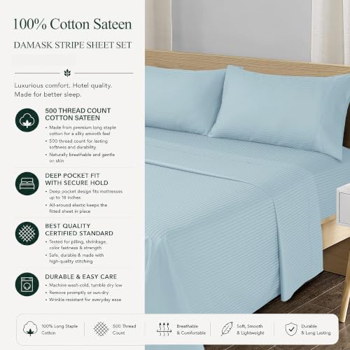 Image of Feather & Stitch 500 TC Split King Size Sheet Set, 5 piece Bed Sheets Set-2 Twin Fitted Sheet, 1 King Flat Sheet & 2 King Pillowcases, 18 inch Deep Pockets Sateen Weave Striped Bedsheet - (Aqua Stripe)