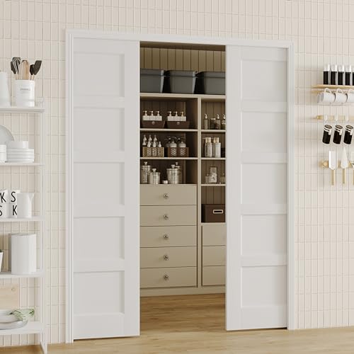 Image of Sliding Pocket Door, 60in.(Double 30 in.) x 80 in, 5-Panel Core with Frame and Hardware Kit Set, Interior Doors for Pocket Door, White Primed - No Panel Assembly Required