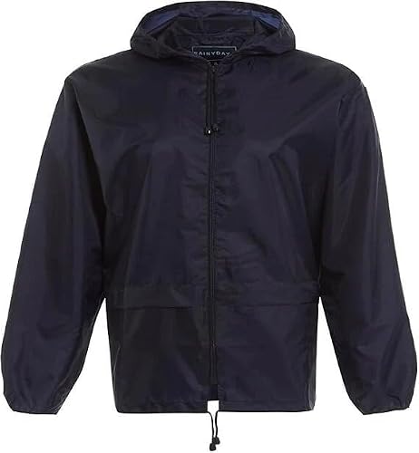 Image of Kids Plain Kagool Raincoat – Waterproof Hooded Packaway Jacket | Lightweight Unisex Mac for Boys & Girls | Summer Raincoat for School, Walking, Travel UK Navy Blue 5-6 Year