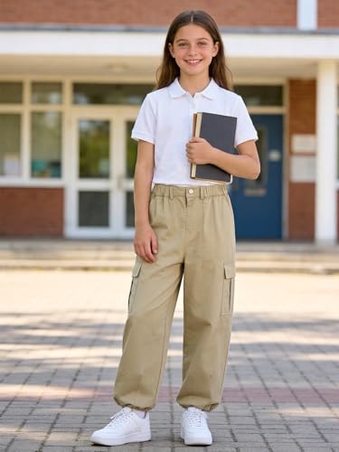 Image of Rolanko Girls Cargo Pants Wide Leg Streetwear Kids Pants with Pockets Trendy Jogger Trousers 4-14 Years