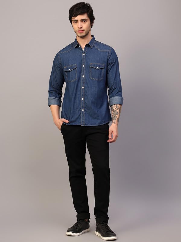 Image of Men's Denim Shirt with Regular Fit Solid Pattern Long Sleeve Collared Neck and Button Down Closure|Men Denim Shirt
