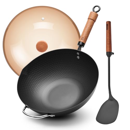 WANGYUANJI Carbon Steel Wok with Lid, 12.6' Hammered Stir Fry Pan with Helper Handle & Iron Spatula, Thickened Heavy Duty Flat Bottom Wok for Induction, Electric & Gas Stoves, Metal Utensil Safe