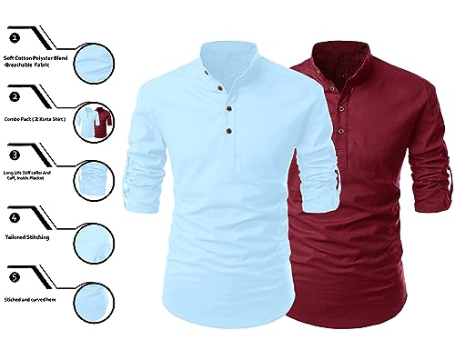 Image of FINIVO FASHION Combo of Men's Cotton Blend Solid Regular Fit Full Sleeve Straight Short Kurta Shirt, Casual and Formal Wear