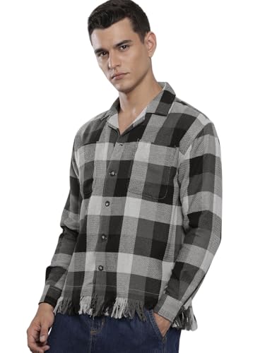 Chemise pour homme à carreaux gris coupe ample manches longues col cubain