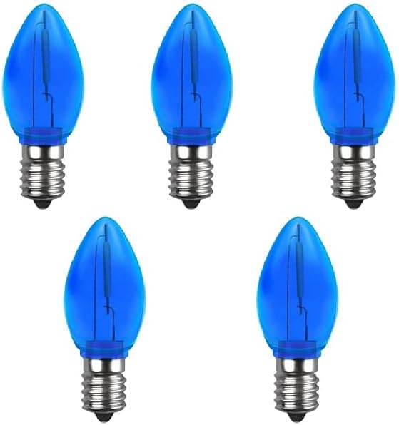 5 Pack C7 Blue LED Replacement Christmas Light Bulbs,E12 Candelabra Base, Shatterproof Plastic, for Christmas Outdoor String Lights (Blue)