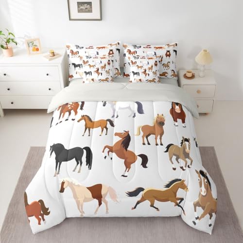 Image of Erosebridal Cartoon Horse Comforter Set 7 Piece Bed in a Bag Twin | Western Bedding Sets Cowboys Wildlife Farm Animals Comforter and Sheet Set, Rustic Farmhouse Bed Sets,Plain White